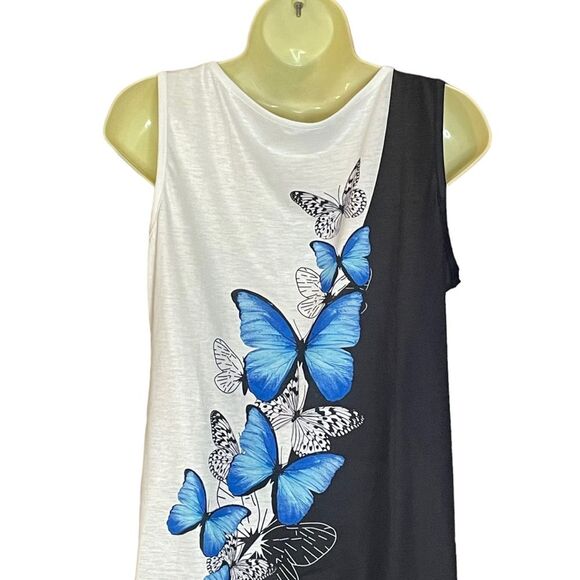 Sleeveless Black White Blue Butterfly Dress Rayon Blend, size Medium - Picture 4 of 13